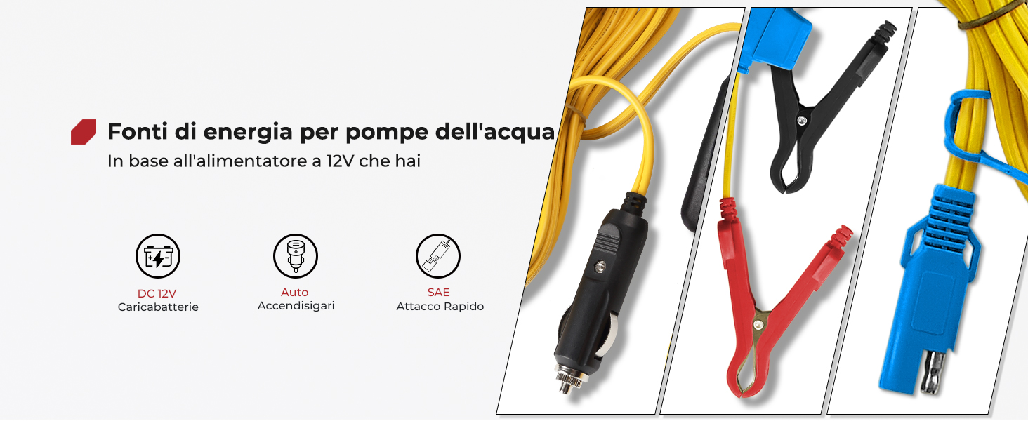 Adattatori e cavi di alimentazione per autoveicoli nei colori giallo, blu e rosso, mostrati con schemi tecnici e punti di connessione per i sistemi di alimentazione dei veicoli