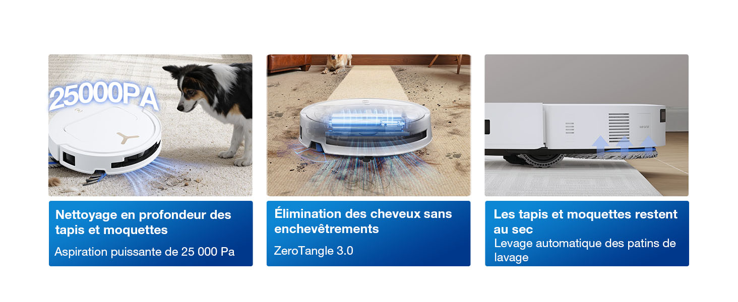Trois images de produits avec des bannières de texte bleues en dessous de chacune d'elles : le texte comprend des descriptions en français mentionnant « protéger », « nettoyage » et d'autres informations sur l'entretien ou la protection du produit.