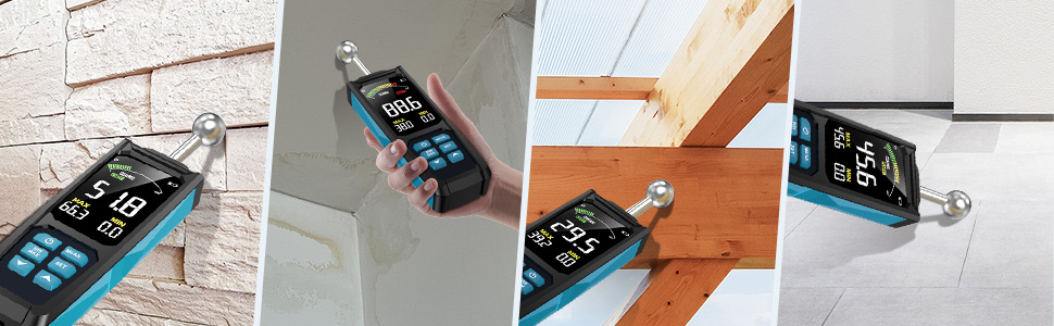 Elektronisches Gerät in Schwarz und Blau, das aus mehreren Winkeln auf hellen Oberflächen abgebildet ist und über ein digitales Display mit Temperaturwerten verfügt