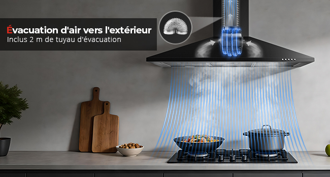 Le texte indique « évacuation d'air vers l'extérieur ». Hotte de cuisine noire moderne avec illustration d'effet de lumière bleue montrant le schéma du flux d'air au-dessus de la cuisinière avec ustensiles de cuisine.