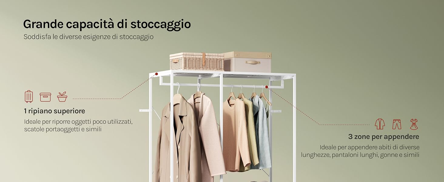 Il testo recita «Grande capacità di stoccaggio» e vantaggi del prodotto italiano. Infografica che mostra la capacità di stoccaggio degli indumenti nell'armadio con illustrazione e specifiche degli indumenti appesi.