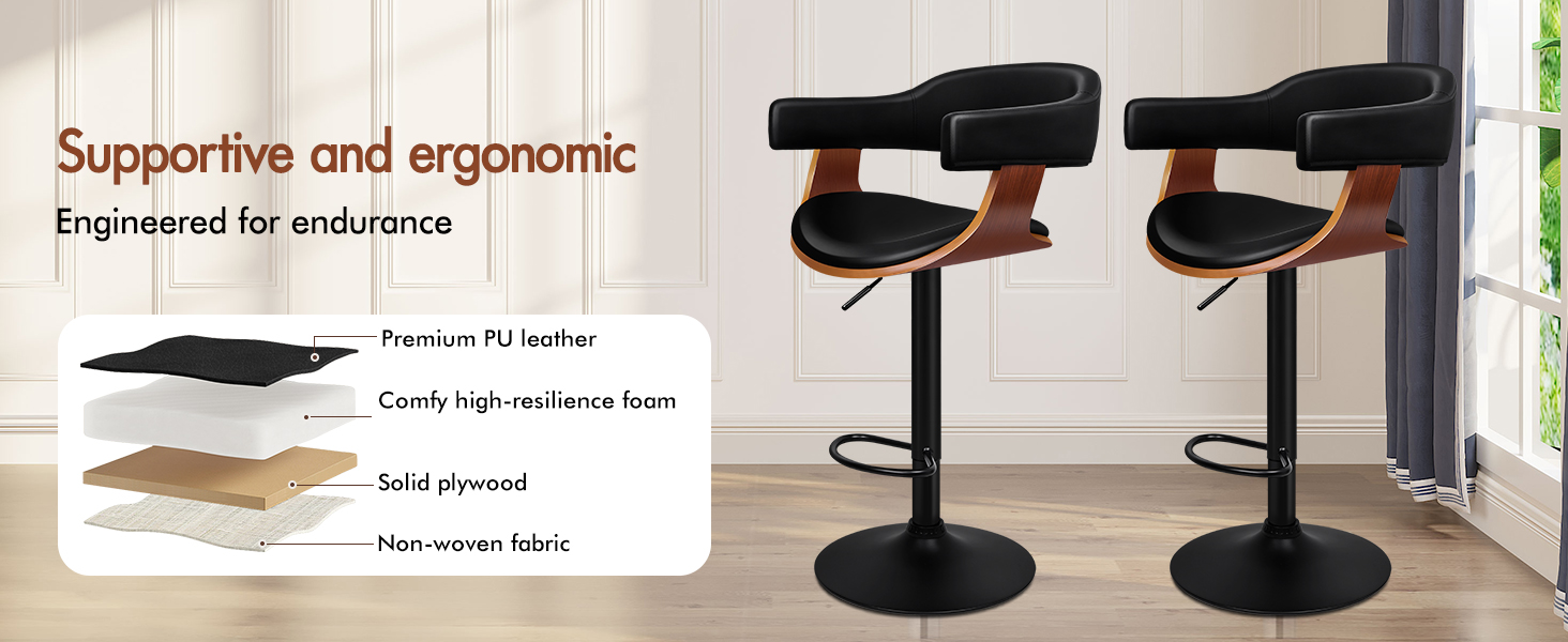 Text reads 'Supportive and ergonomic' and 'Engineered for endurance.' Product diagram showing layered construction of bar stools with detailed material composition illustrations.