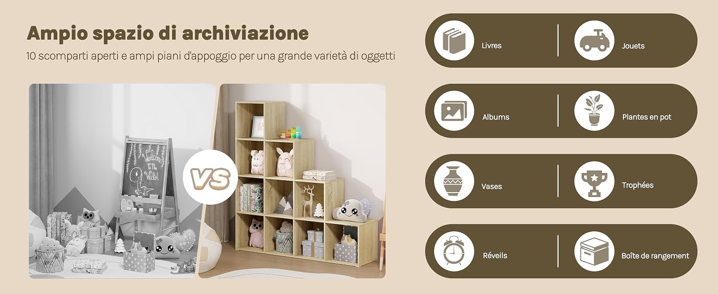 Scaffali a cubo in legno con vari oggetti decorativi.