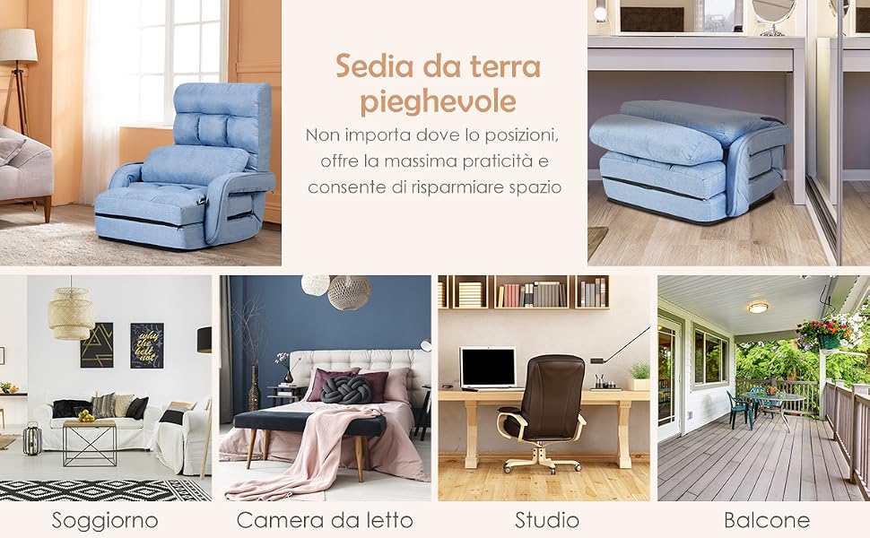 Poltrona Pieghevole Da Terra RELAX4LIFE – Regolabile In 5 Livelli, Con Cuscino, Divano-Letto, Tessuto Grigio
