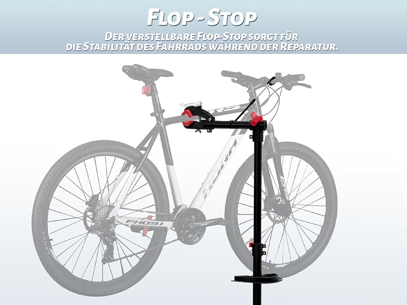 Flop-Stop bicycle repair stand shown mounted to a mountain bike frame, featuring adjustable support arm for maintenance work.