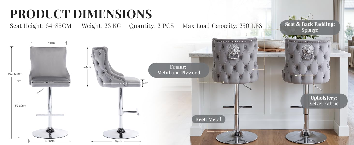 Text reads "PRODUCT DIMENSIONS" with measurement specifications and dimensional diagram. Multiple angled views of furniture piece with labeled measurements on gray background.