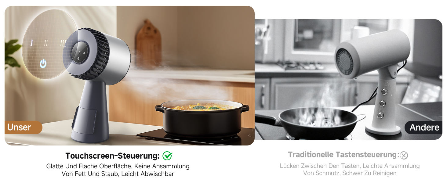 Vergleich zweier verschiedener Tischventilator-Designs, der moderne und traditionelle Gestaltungsmöglichkeiten zeigt