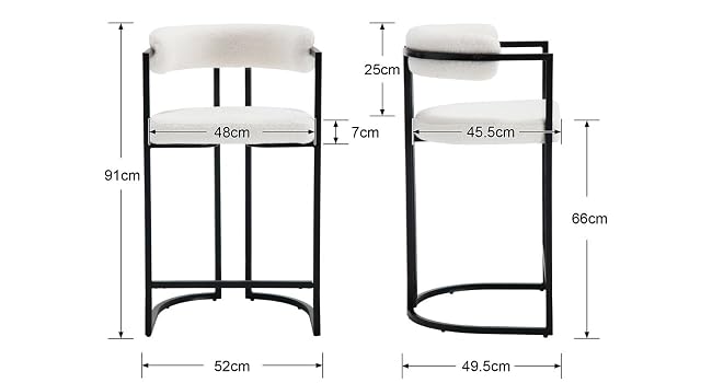 Moderner Barhocker mit weißem Sitz und Rückenlehne auf schwarzem Metallgestell. Abgebildete Maße: 91 cm Höhe, 48 cm Sitzbreite, 52 cm Tiefe, 25 cm