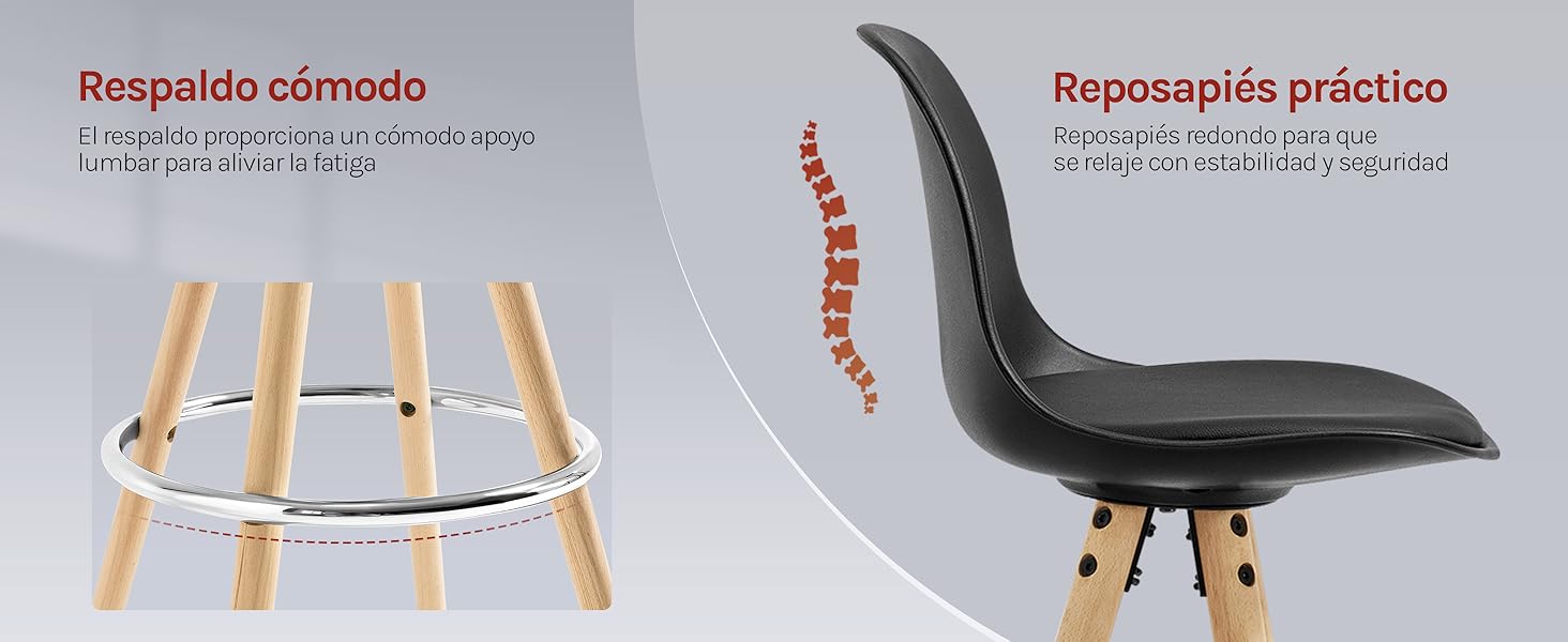 Dos vistas de una silla moderna: patas de madera con soporte metálico y una vista lateral que muestra un asiento negro con respaldo curvo. El texto destaca las características de confort en español