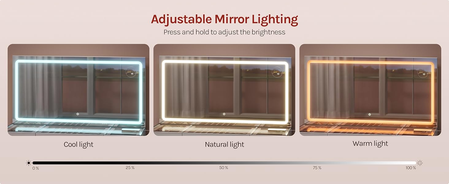 Text reads 'Adjustable Mirror Lighting' with three mirrored rectangular frames showing different lighting colors: cool white (left), neutral light (center), warm light (right).