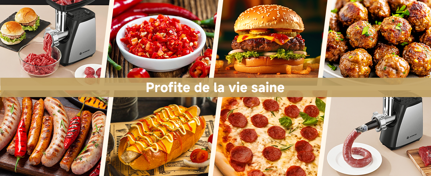 Le texte se lit comme suit : « Profits de la vie saine ». Collage de diverses images culinaires, notamment des hamburgers, des plats de viande, des pizzas et des grillades, disposées en bannière horizontale.