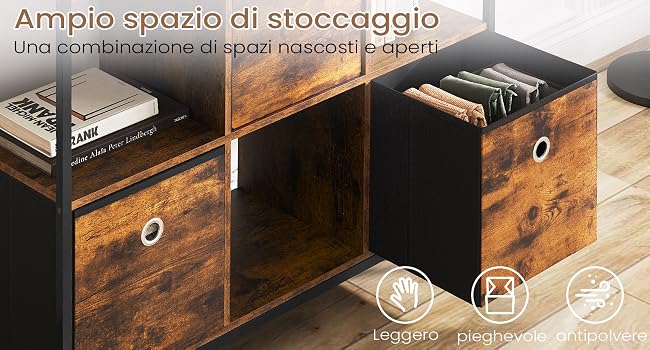 Mobile contenitore in legno con ripiani aperti e cassetti in tessuto. Il testo in italiano descrive un ampio spazio di archiviazione.