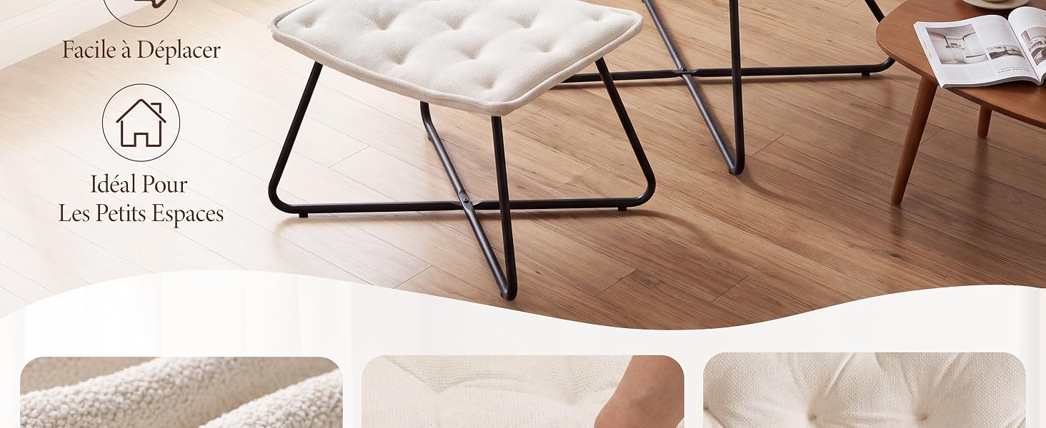 Le texte indique « Fondo Tracker », « Libri Fino La Petti Esplora ». Chaise ou coussin matelassé de couleur crème avec structure en métal noir sur plancher en bois, illustré avec des échantillons de détails de texture de tissu ci-dessous.