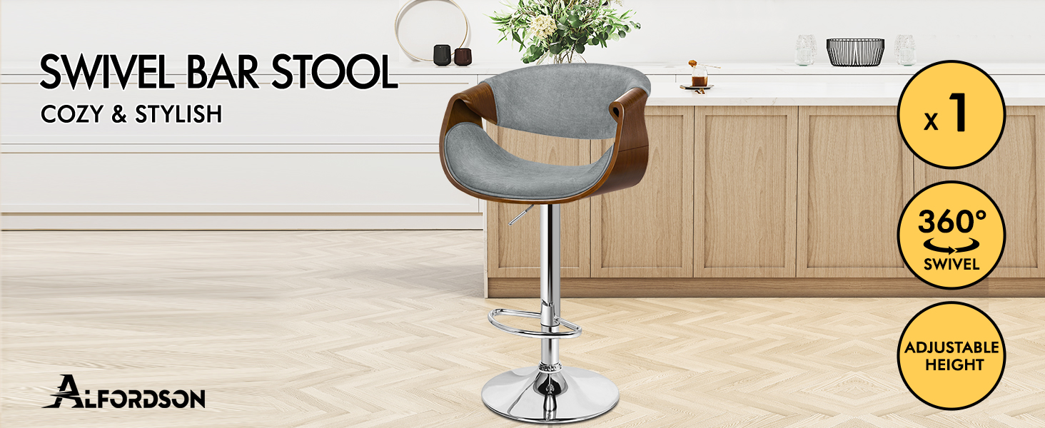 Text reads 'SWIVEL BAR STOOL'. Product listing showing rotating bar stool with comfort icons and 360-degree rotation indicator.