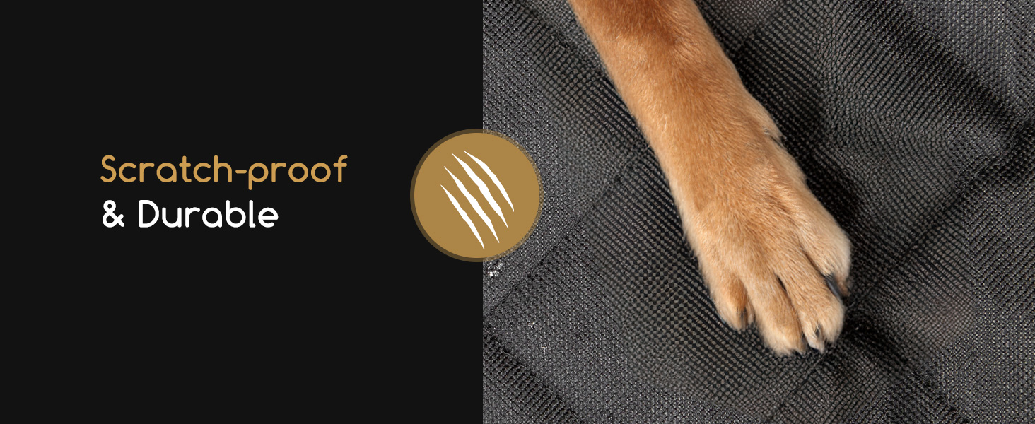 Close-up of dog paw on dark fabric surface, with text indicating scratch-proof and durable material properties.