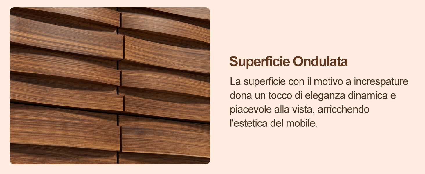 Il testo dice «Superficie Ondulata». Immagini ravvicinate di superfici in legno strutturate che mostrano motivi ondulati e venature nei toni del marrone.