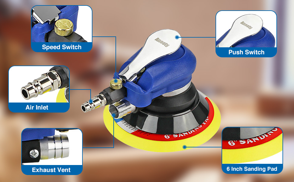 avec boîtier bleu, avec interrupteur de vitesse, interrupteur à poussoir, entrée d'air, évent d'échappement et patin à poncer jaune de 6 pouces