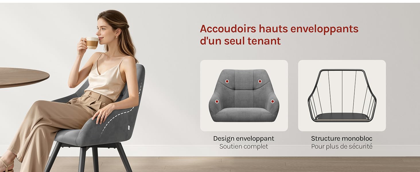 Le texte se lit comme suit : « Accoudoirs hauts enveloppants d'un seul locataire ». Femme assise dans une chaise grise rembourrée. La comparaison des produits montre des accoudoirs enveloppants hauts et des caractéristiques d'un mécanisme d'inclinaison.