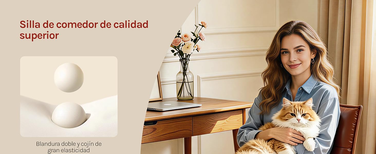 El texto dice «Silla de comedor de calidad superior». Una mujer con un gato atigrado se sienta en una mesa de madera con cuencos decorativos blancos y flores, lo que demuestra la comodidad de la silla de comedor.