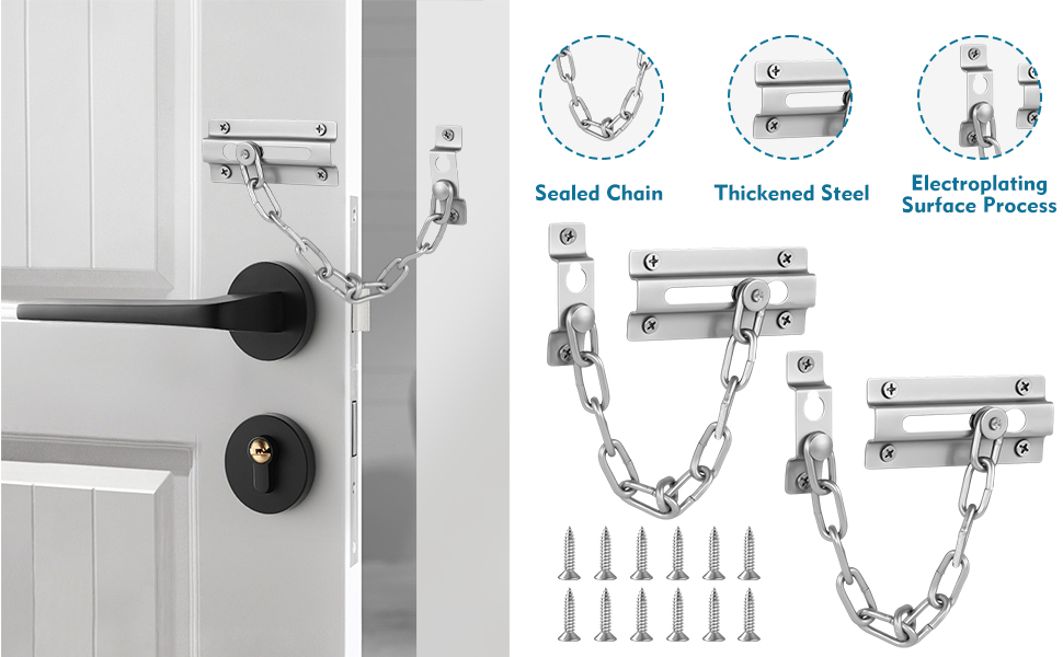 Door security chain with thickened steel components. Features sealed chain, thick steel plates, and electroplating surface process. Includes mounting screws and installation diagrams.
