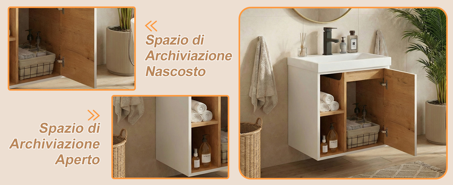Il testo recita «Spazio di Archiviazione Aperto» e «Nascosto». Serie di immagini interne che mostrano soluzioni di archiviazione a parete integrate con scaffali aperti e scomparti nascosti.