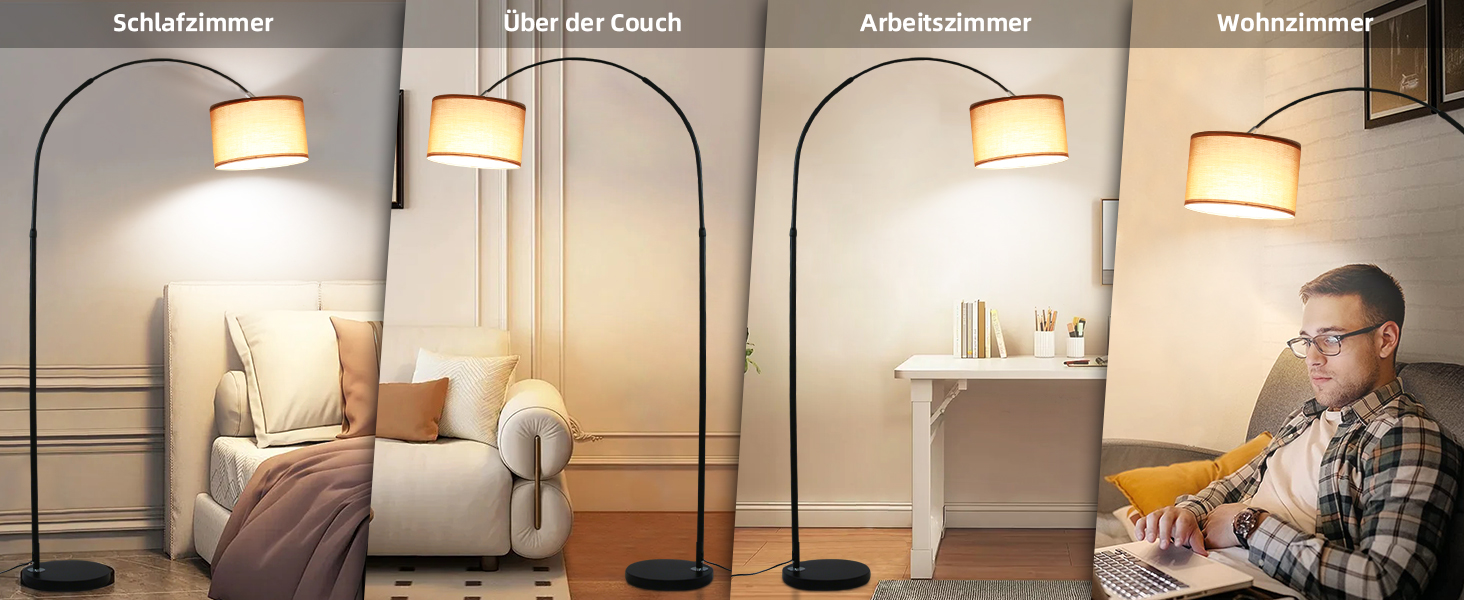 Serie von Innenraumfotos, die eine Tischlampe in warmen Tönen bei unterschiedlichen Lichtverhältnissen und Winkeln zeigen.