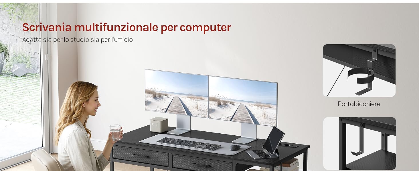 Il testo dice 'Scrivania multifunzionale per computer'. Vetrina del prodotto: configurazione da scrivania regolabile con supporto per monitor e accessori.