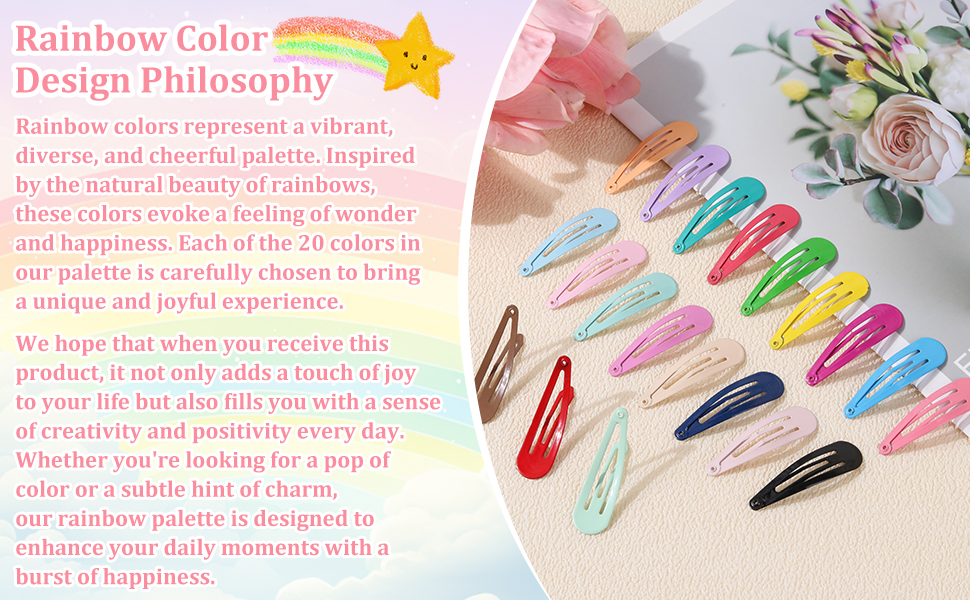 Colorful hair clips in various shapes and pastel shades, including teardrop and leaf designs. Displayed alongside pink roses and text describing a rainbow color philosophy.