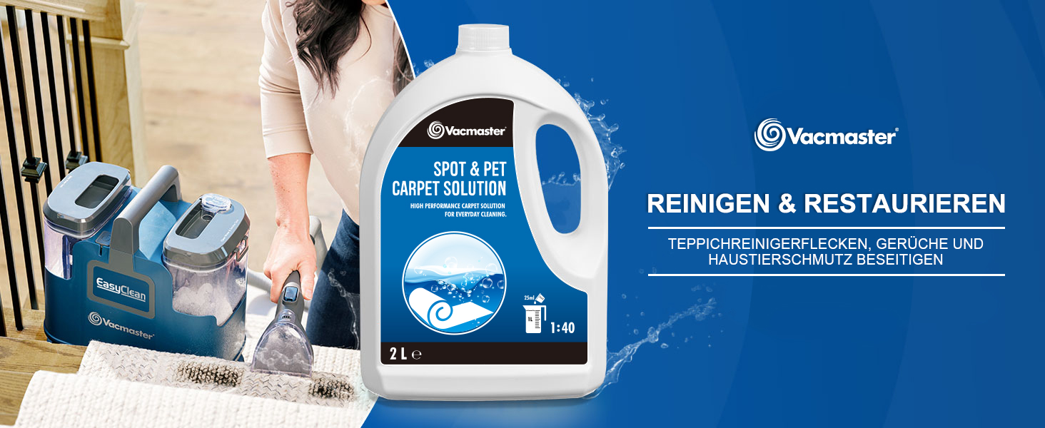 Teppichreinigungsprodukt in großer blauer Flasche. Das Bild zeigt eine Person, die eine Teppichreinigungsmaschine auf hellem Boden benutzt