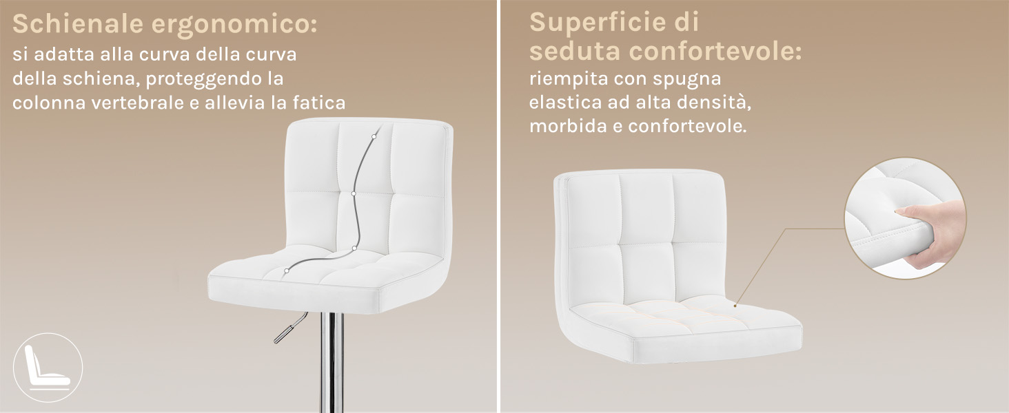 Sedia ergonomica bianca con altezza regolabile e seduta imbottita. Diverse viste mostrano la base girevole e il design sagomato