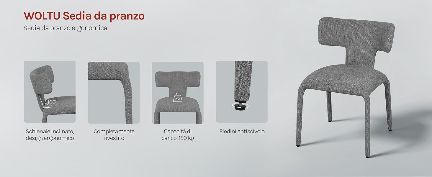 Il testo recita: «WO (L) L Sedile da pranzo'. Diagramma tecnico che mostra diversi angoli e punti di vista del design di una sedia in scala di grigi.