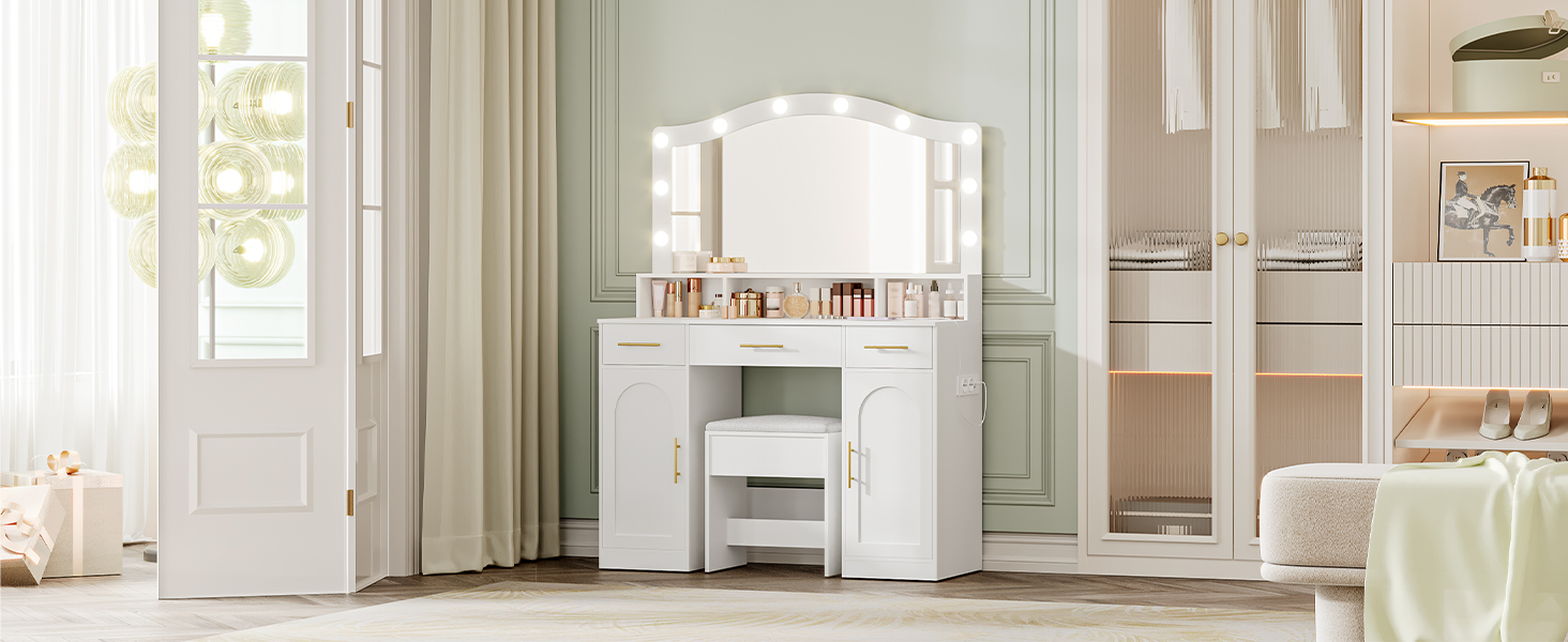 Ereousa Toeletta Trucco con Specchio e Sgabello, Postazione Make-up Robusta con Luci Dimmerabili e Guida Video, Scrivania da Trucco con 6 Cassetti e 6 Ripiani, Bianco, 36×80×131 cm, H3999