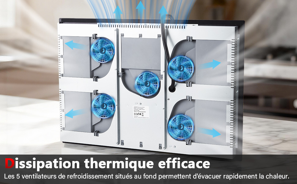 Le texte indique « Dissipation thermique efficace ». Schéma technique montrant les modèles de flux d'air avec des flèches bleues indiquant le mouvement de ventilation dans un espace intérieur.