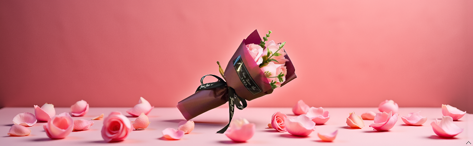 Decorative scene featuring dark butterfly ornament amid scattered pink rose petals against pink background.