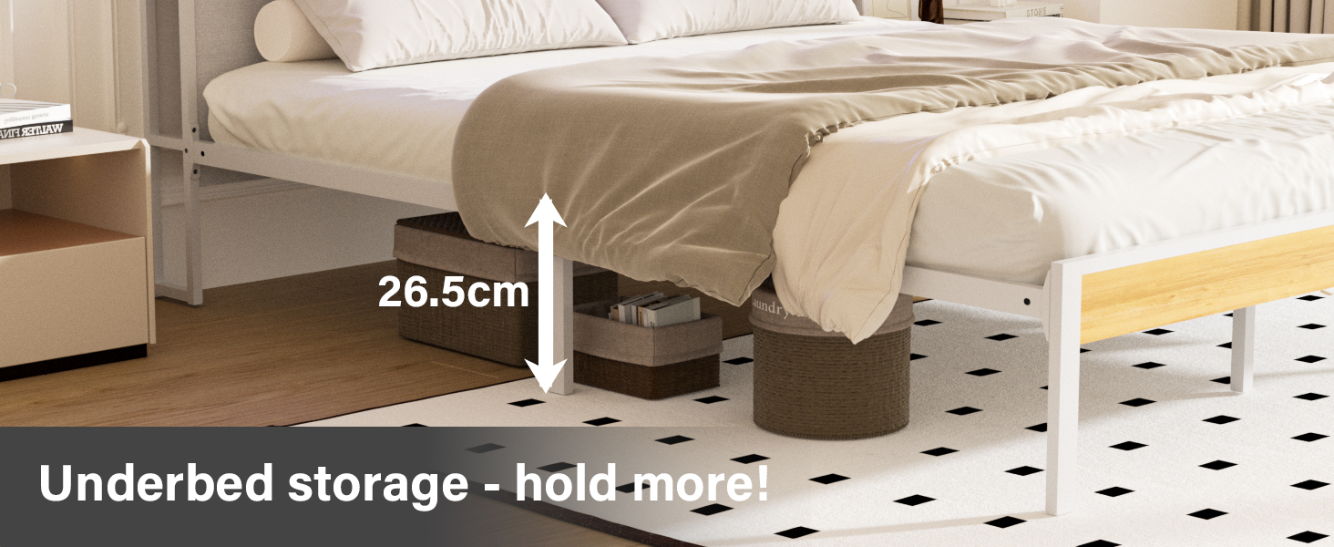 Le texte indique « 26,5 cm » et « Rangement sous le lit - mode attente ». Images montrant un système de rangement de meubles avec indicateurs de mesure