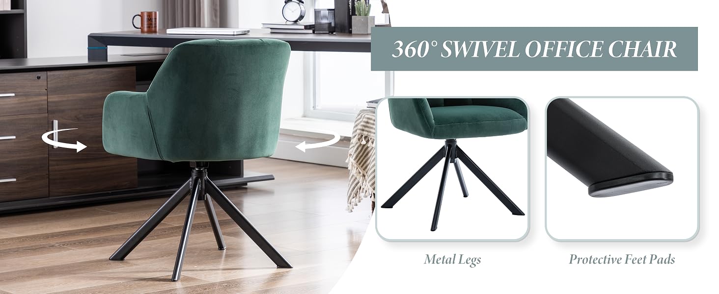 360-degree swivel office chair in emerald green velvet upholstery with black metal star base, shown from multiple angles.