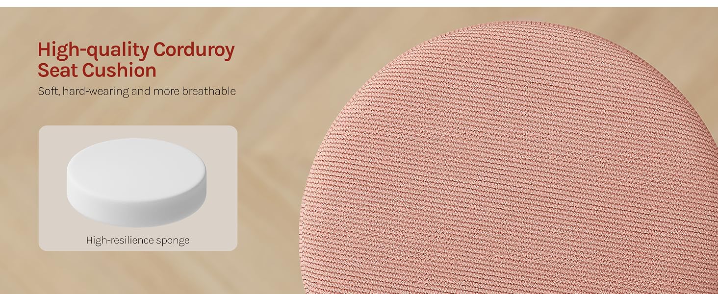 Text reads 'High-quality Corduroy', 'Seat Cushion'.
[SENTENCE 10] Close-up view of pink corduroy fabric texture with white cushion material shown in corner.