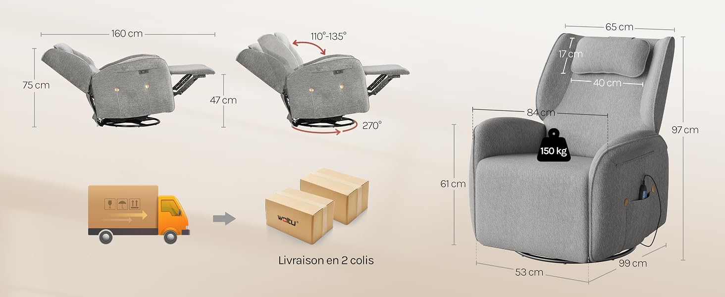 Illustration comparative de produits montrant trois fauteuils inclinables dans différentes positions (pliés, partiellement étendus, complètement inclinés), un camion de livraison orange et une caisse en bois étiquetée « Armchair Extra ».