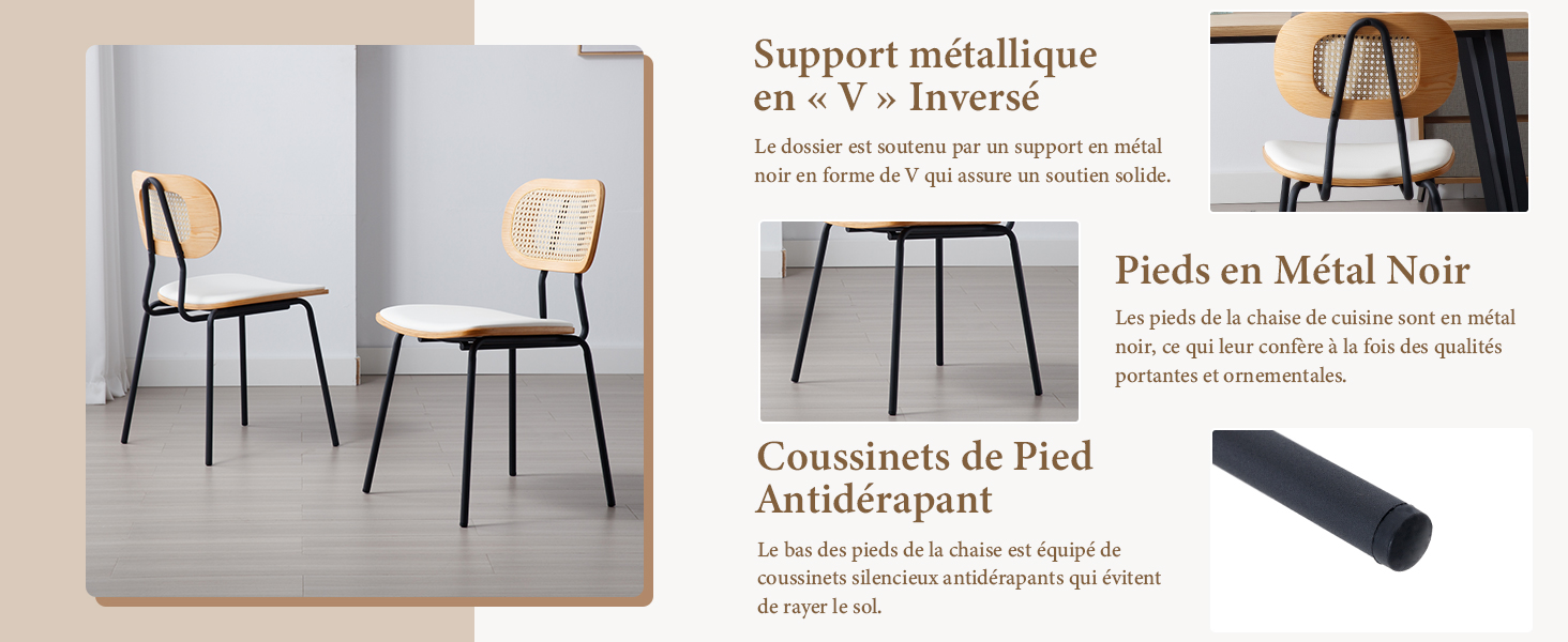 avec structure en métal noir et assise et dossier en bois clair. Les caractéristiques comprennent un support métallique en forme de V, des pieds rembourrés et un design élégant pour les espaces contemporains