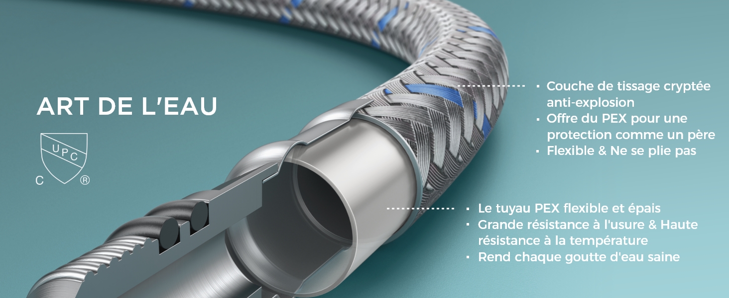 Schéma technique d'un tuyau de plomberie en PEX avec extérieur en métal tressé, montrant la construction en couches et les caractéristiques de protection. Le texte en français décrit les spécifications.