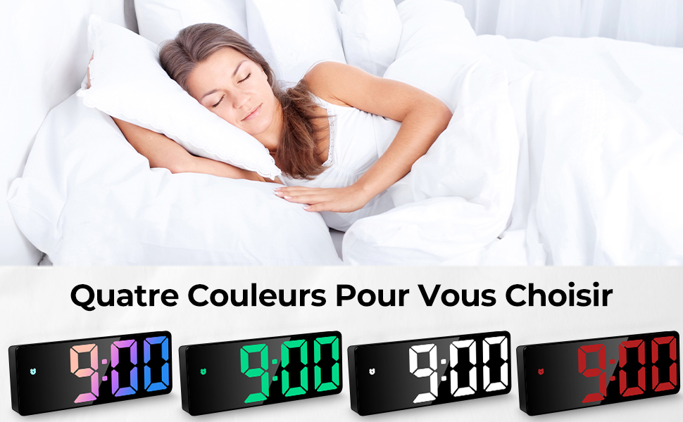 Le texte se lit comme suit : « Quatre couleurs pour vous choisir ». Affichage numérique de l'horloge en quatre variantes de couleurs : chiffres bleus, verts, blancs et rouges sur fond noir.