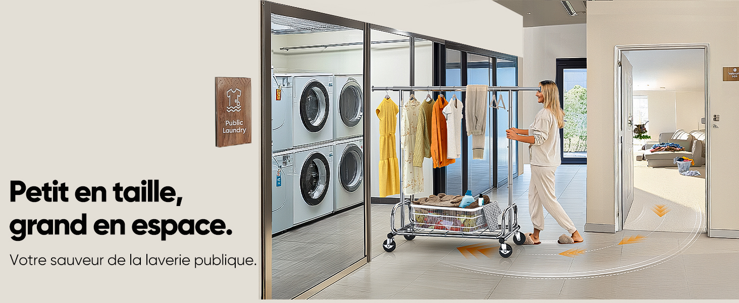 Texte : « Petit en taille, grand en espace. » Intérieur de la laverie commerciale avec machines à laver et porte-vêtements dans un espace moderne et minimal.