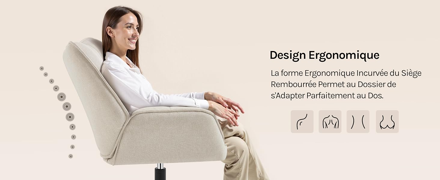 avec dossier haut. Femme assise confortablement, démontrant le design de soutien de la chaise. Les diagrammes montrent l'alignement de la colonne vertébrale et les avantages de la posture.