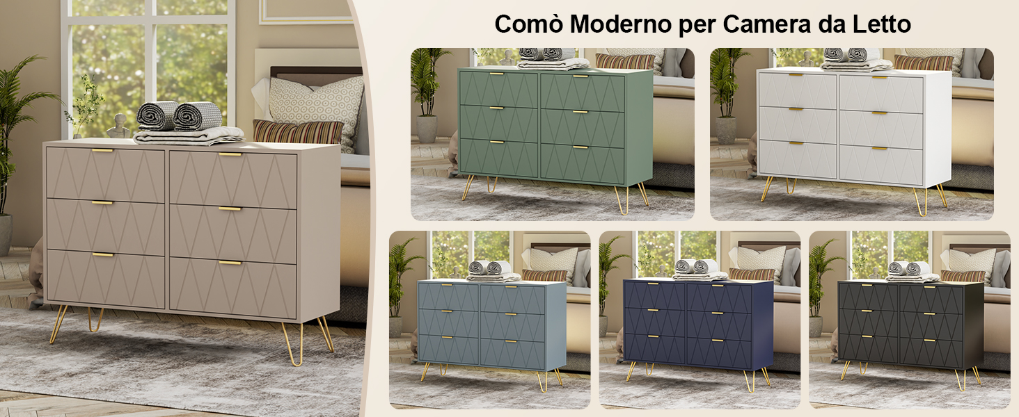 Il testo recita «Como Moderno por Camera da Letto». Immagini multiple che mostrano cassettiere moderne in vari colori tra cui bianco, verde e blu marino.