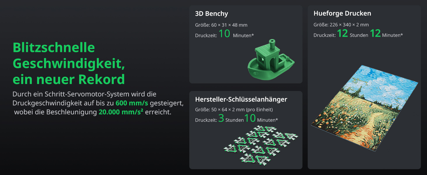Der Text lautet „Blitzschnelle Geschwindigkeit ein neuer Rekord“. Marketingbild, das Computertastaturen mit grünen Lichteffekten zeigt.