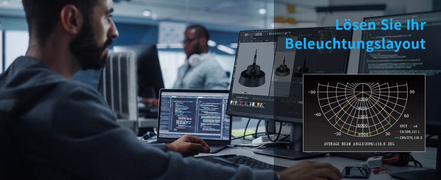 Computer-Workstation, die Lichtplanungssoftware mit technischen Diagrammen und Beleuchtungsmustern auf mehreren Monitoren zeigt.