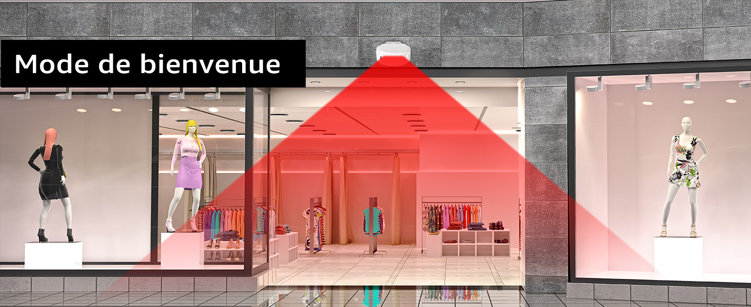 une lumière rouge est projetée sur la devanture d'un magasin.
