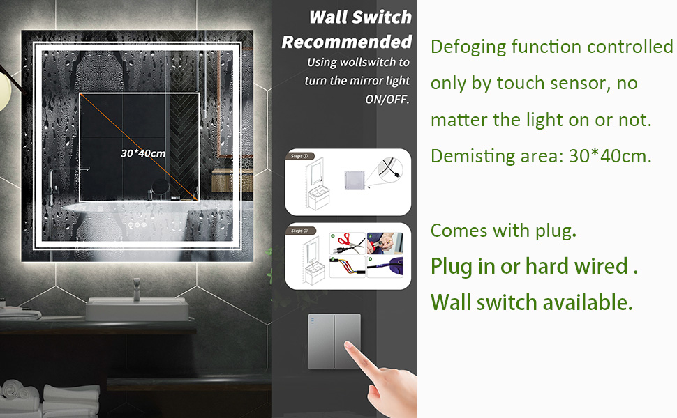 wall mounted bathroom mirror led lighted plug in