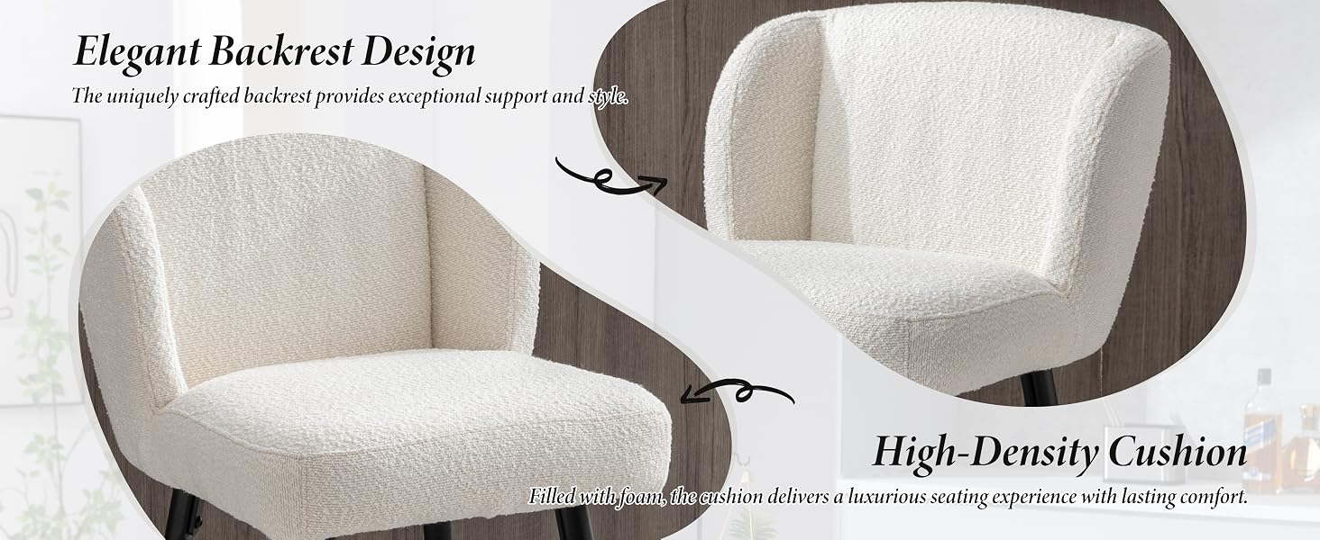 White textured armchair with curved backrest and high-density cushion. Close-up views highlight elegant design and comfortable seating surface.