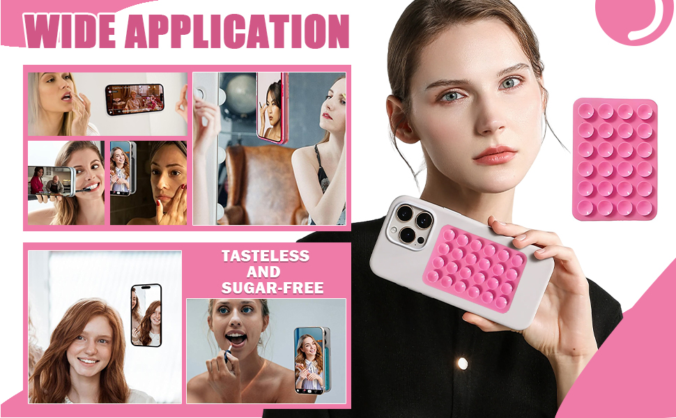 Le texte indique « APPLICATION ÉTENDUE ». Collage teinté de rose montrant diverses applications de beauté et de photographie.